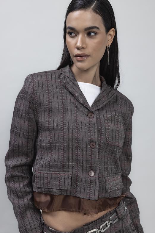 Bayan Kahverengi Crop Blazer Ceket - BSL