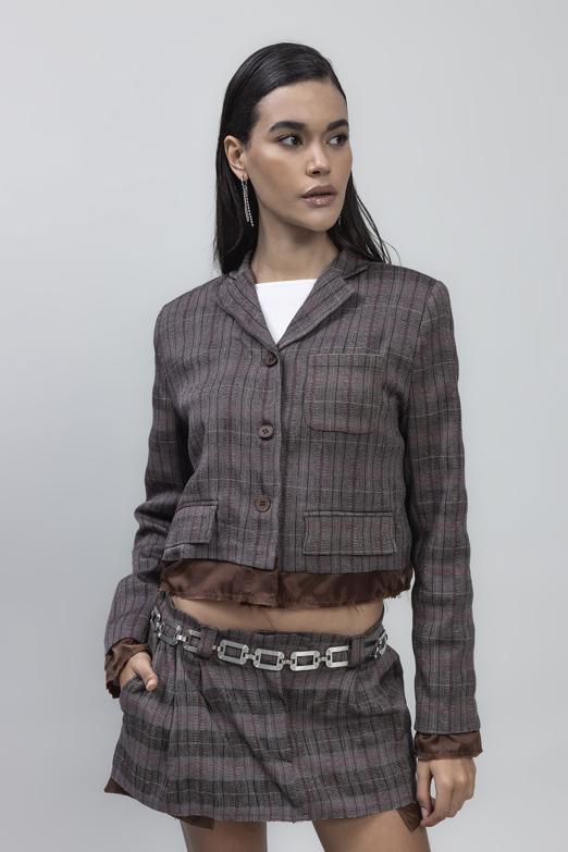 Bayan Kahverengi Crop Blazer Ceket - BSL