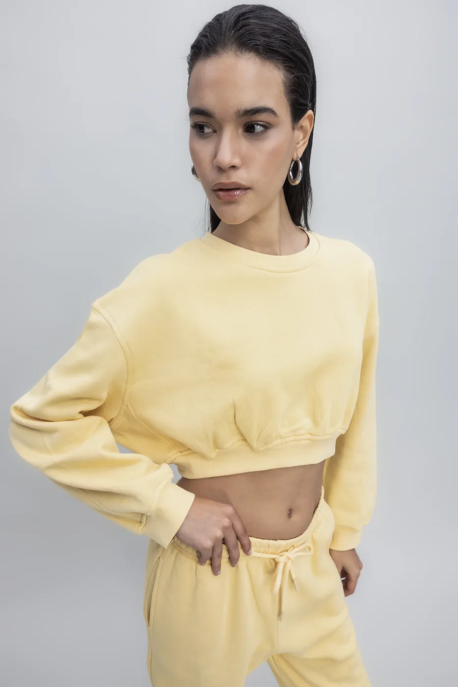 Bayan Sarı Crop Sweatshirt