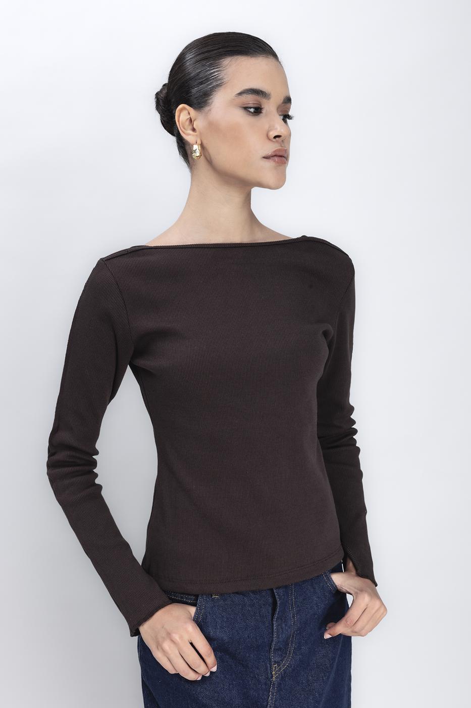 Bayan Kahverengi Sırt Dekolteli Top