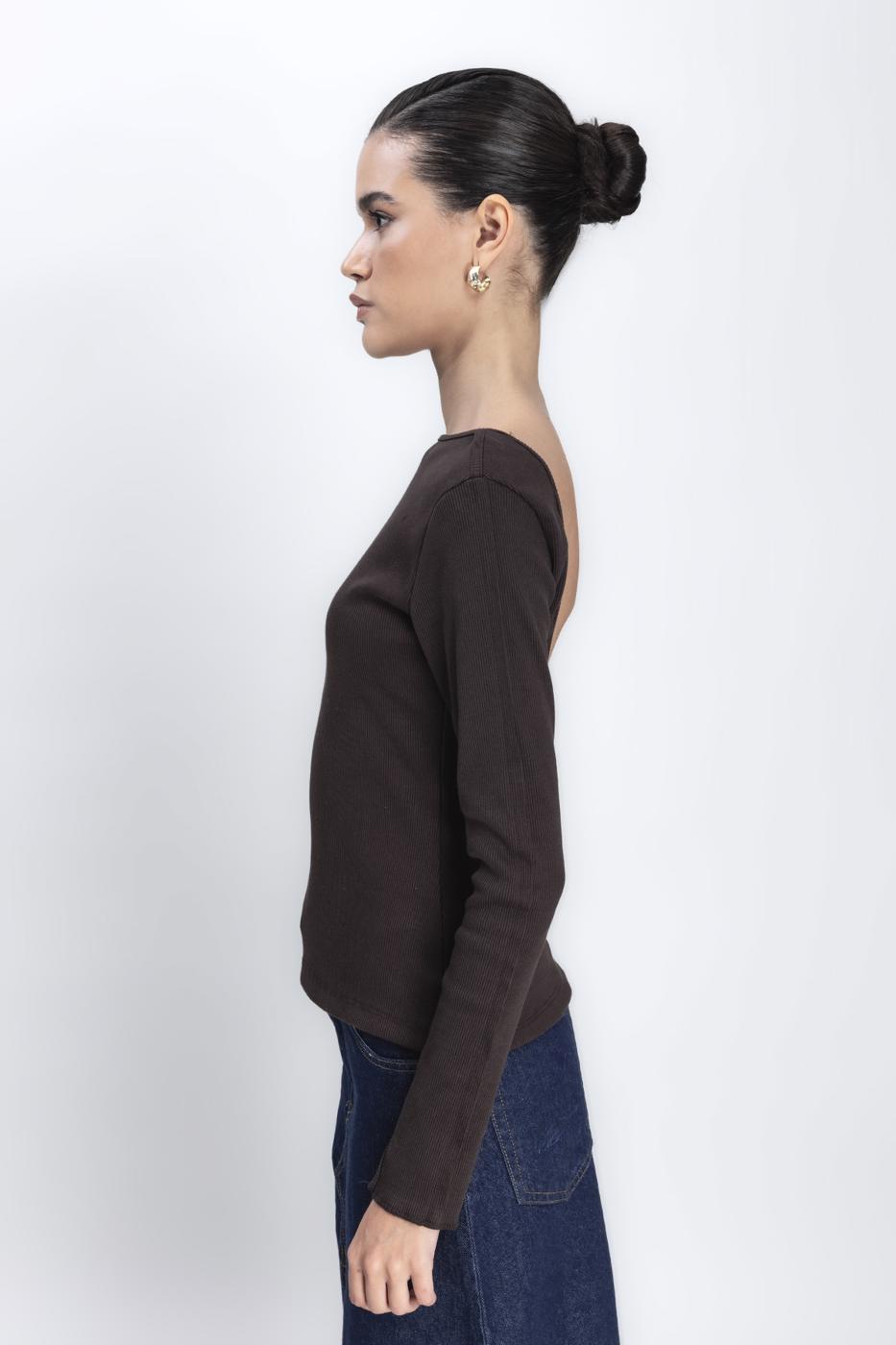 Bayan Kahverengi Sırt Dekolteli Top