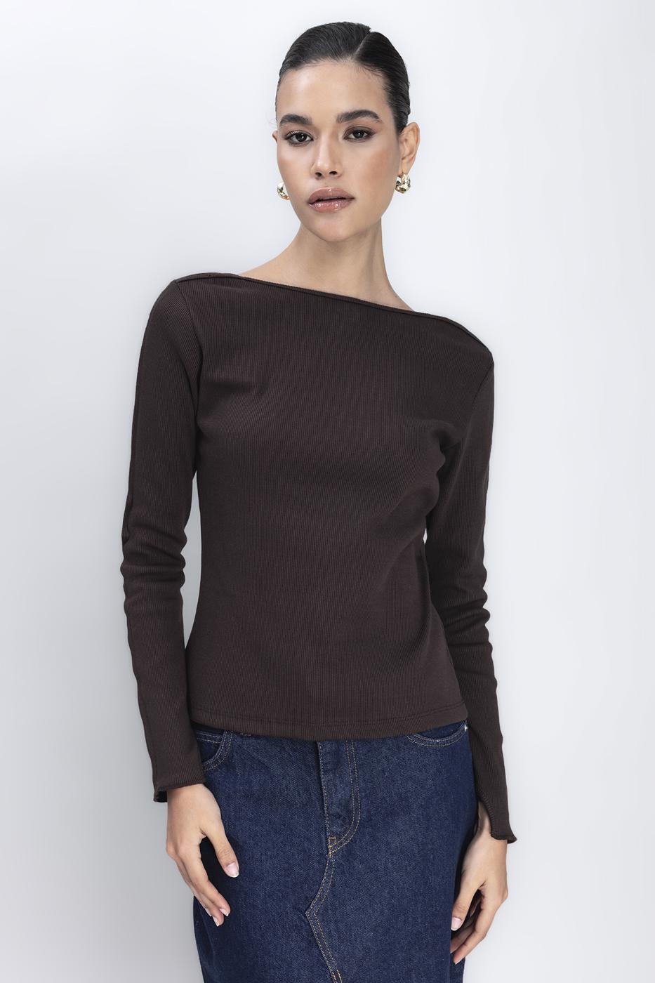 Bayan Kahverengi Sırt Dekolteli Top