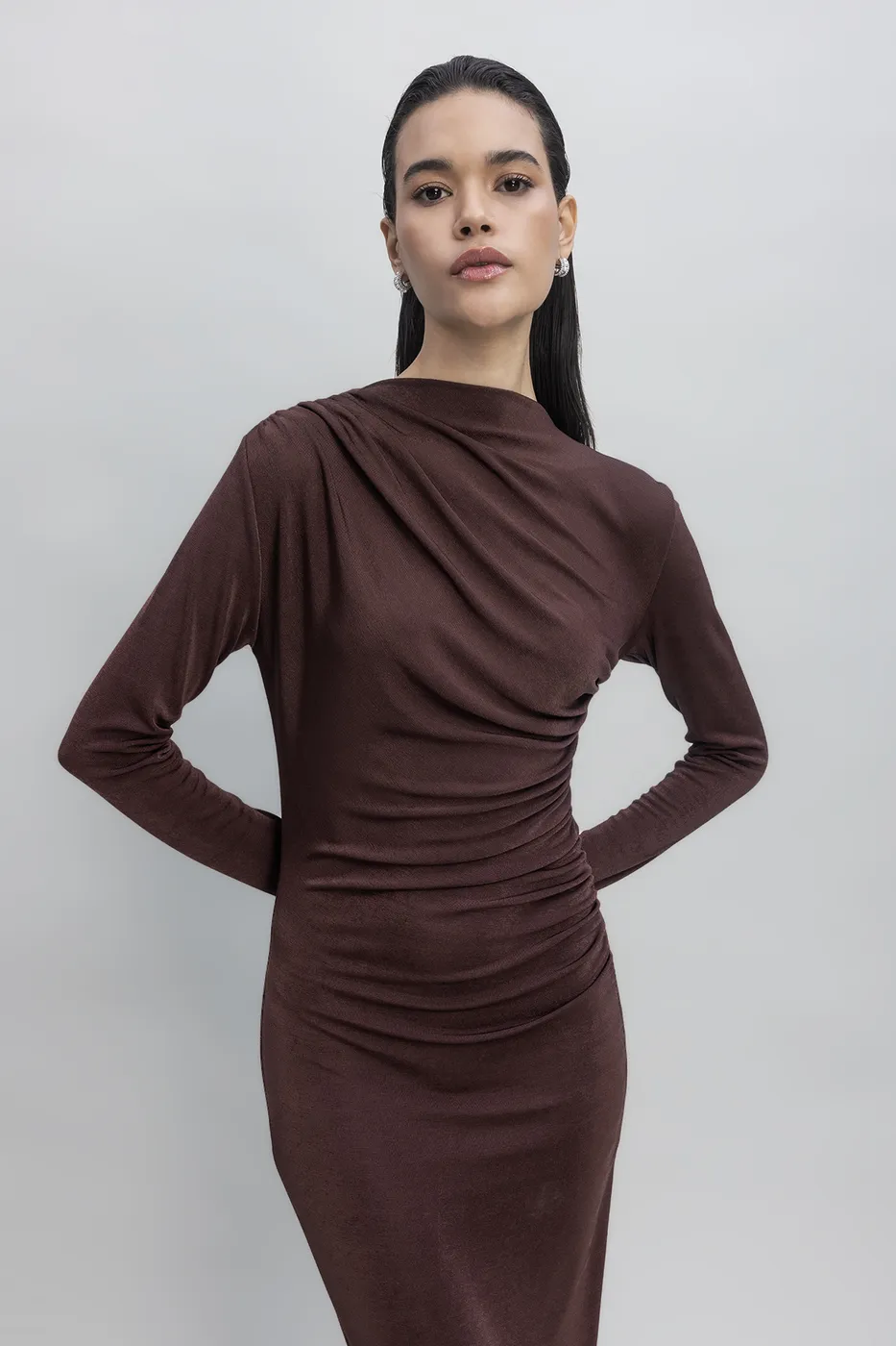 Bayan Kahverengi Drapeli Maksi Elbise