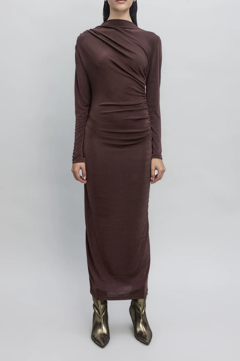 Bayan Kahverengi Drapeli Maksi Elbise