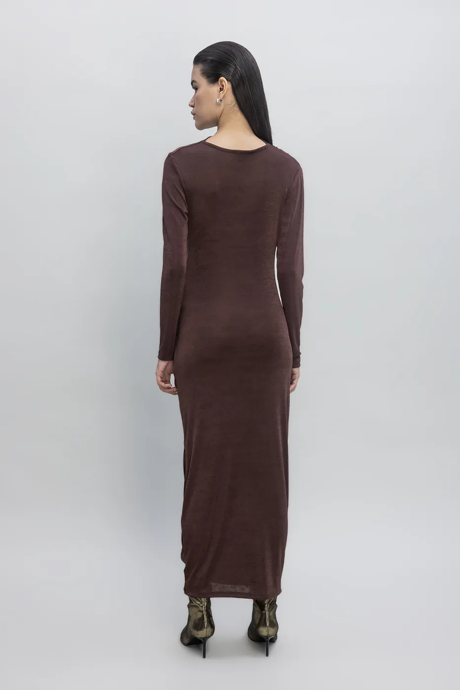 Bayan Kahverengi Drapeli Maksi Elbise