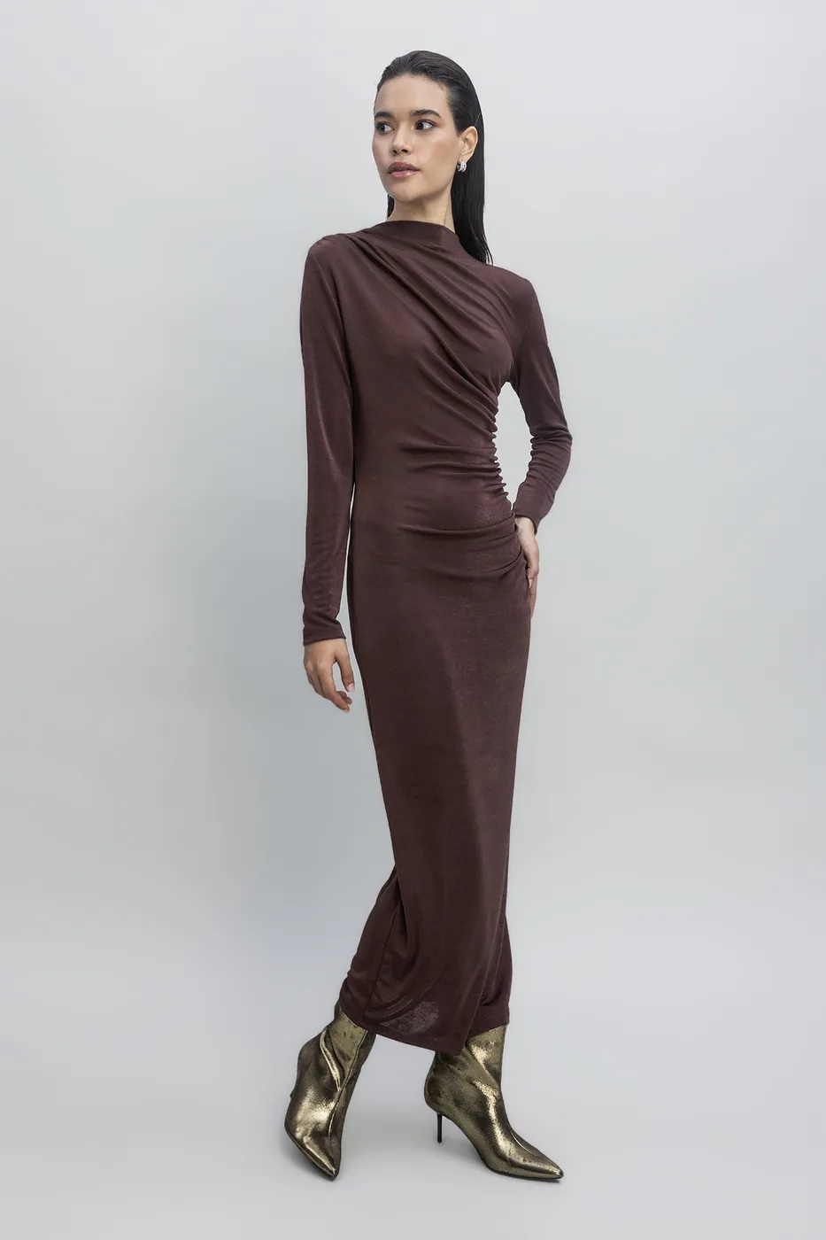 Bayan Kahverengi Drapeli Maksi Elbise