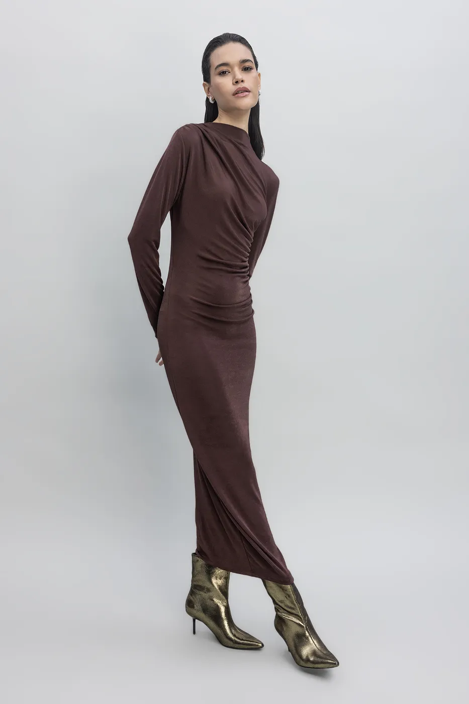 Bayan Kahverengi Drapeli Maksi Elbise