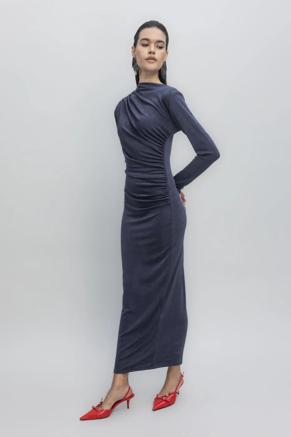 Bayan Lacivert Drapeli Maksi Elbise