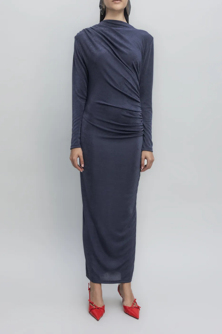 Bayan Lacivert Drapeli Maksi Elbise