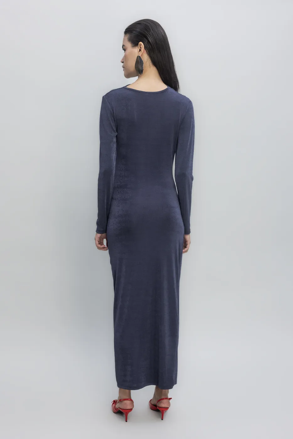 Bayan Lacivert Drapeli Maksi Elbise