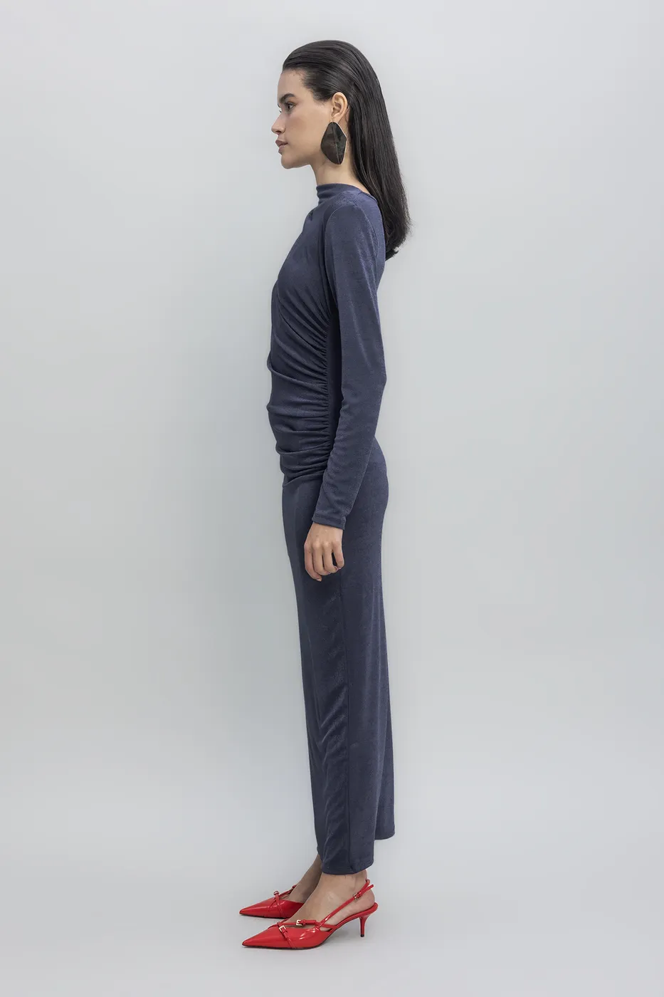 Bayan Lacivert Drapeli Maksi Elbise