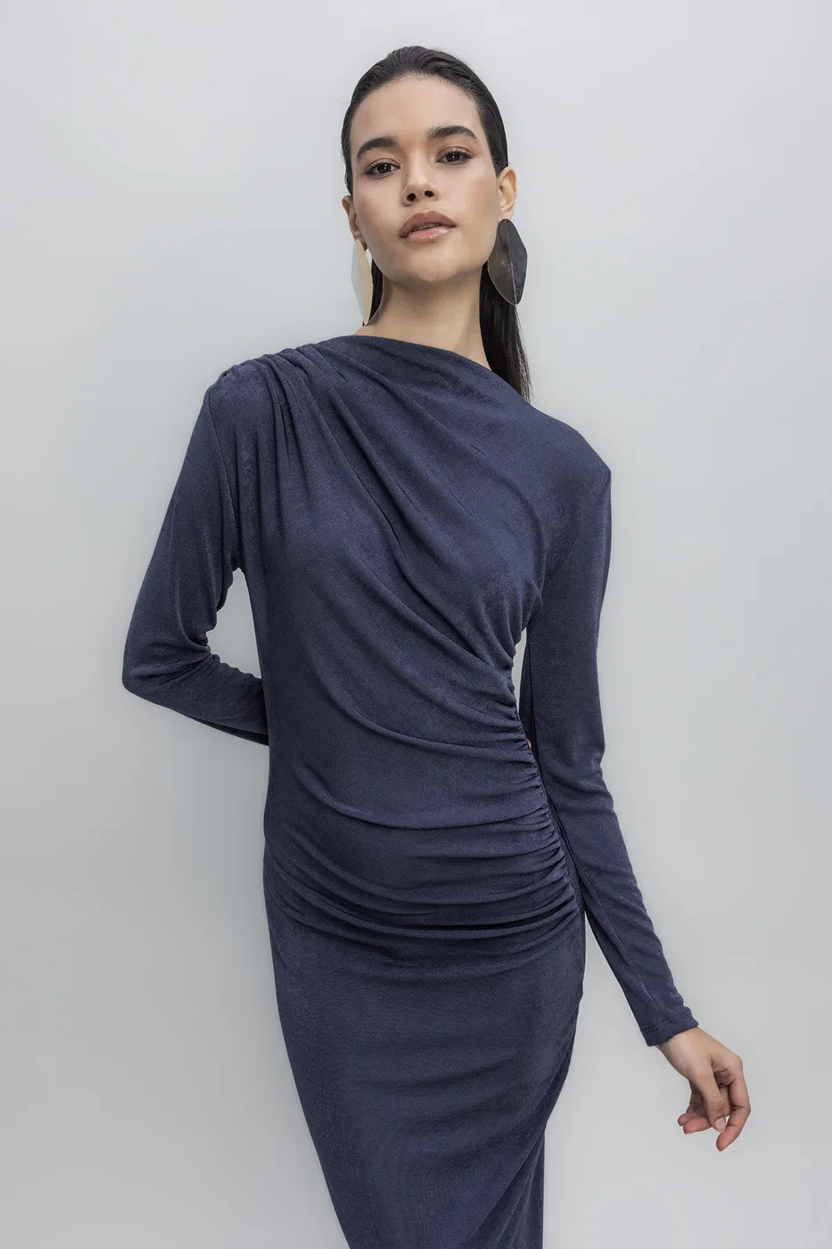 Bayan Lacivert Drapeli Maksi Elbise