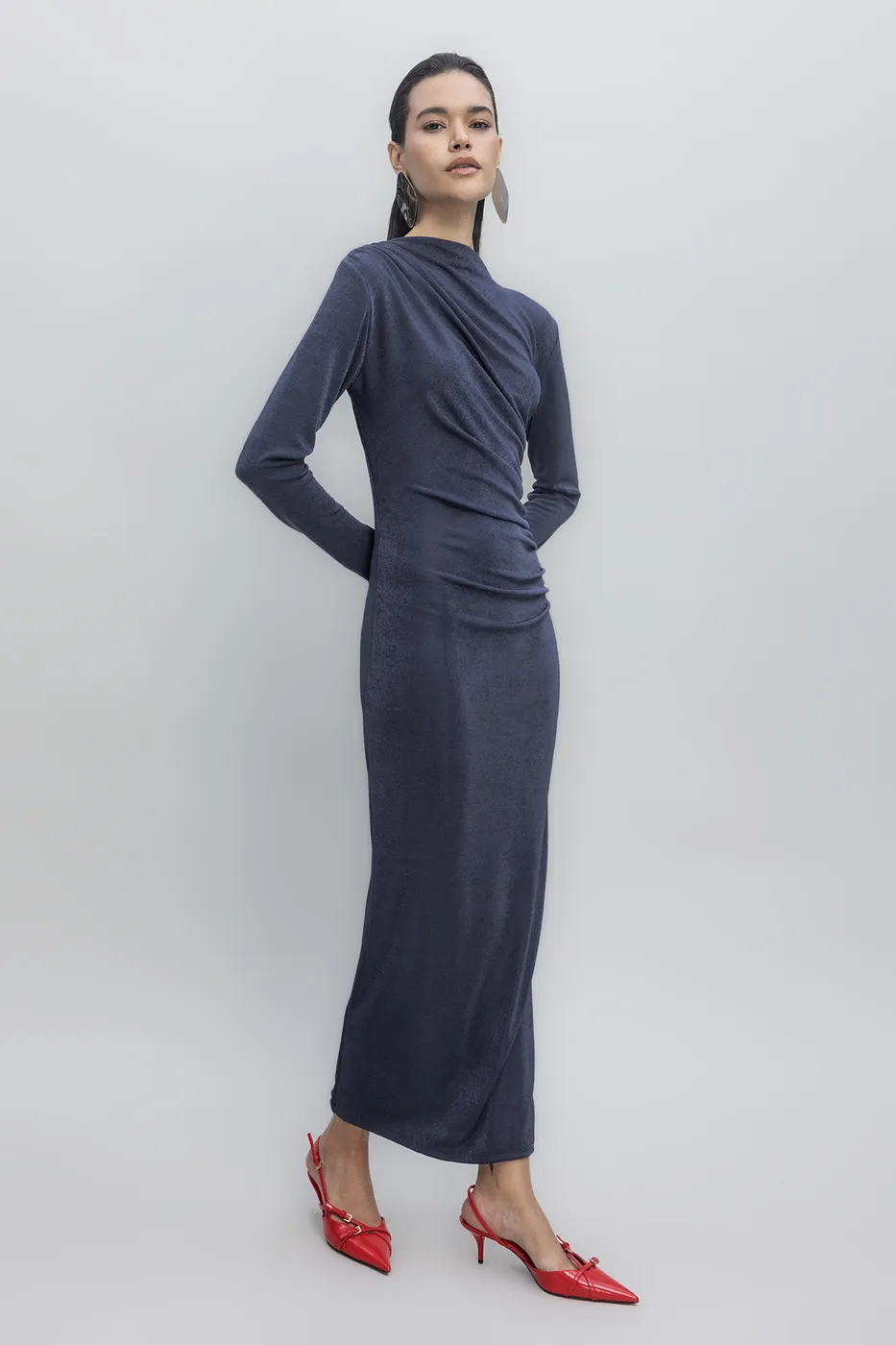 Bayan Lacivert Drapeli Maksi Elbise