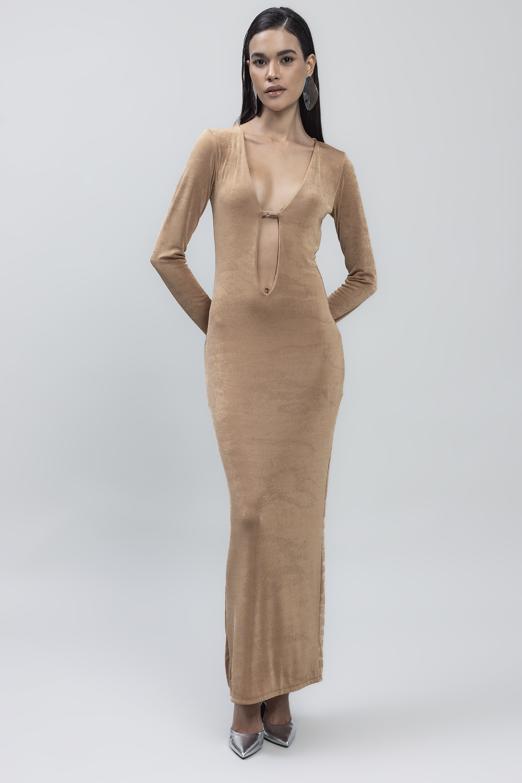 Bayan Bej Derin Yaka Dekolteli Maksi Elbise - BSL