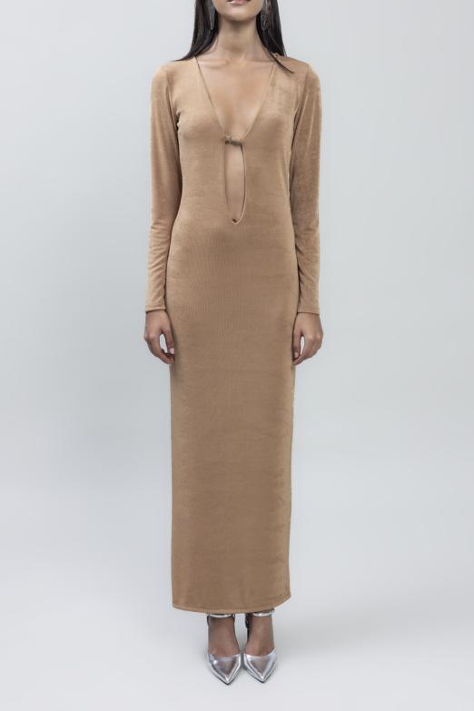 Bayan Bej Derin Yaka Dekolteli Maksi Elbise - BSL