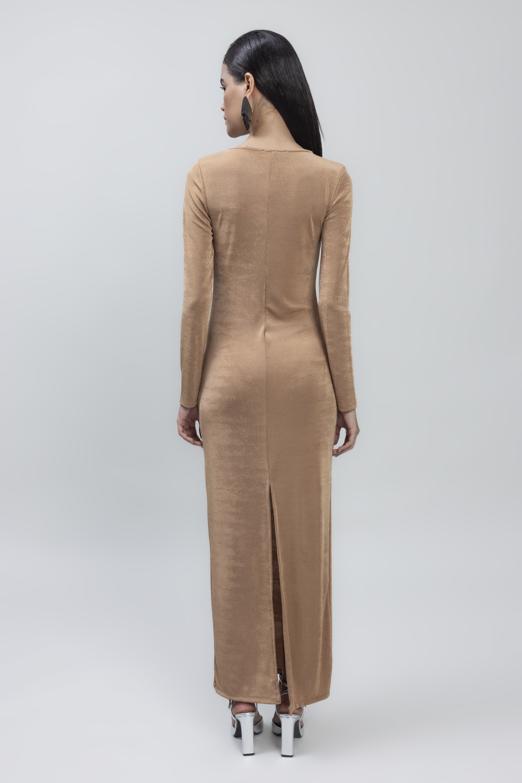 Bayan Bej Derin Yaka Dekolteli Maksi Elbise - BSL