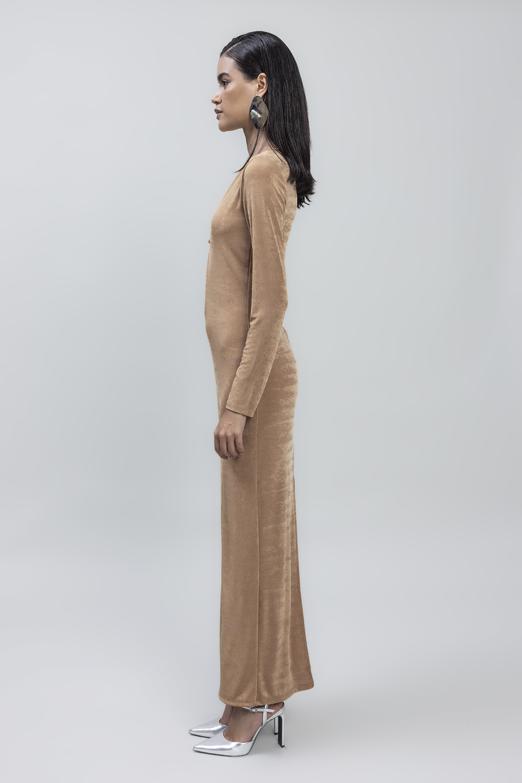 Bayan Bej Derin Yaka Dekolteli Maksi Elbise - BSL