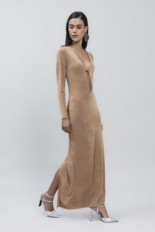 Bayan Bej Derin Yaka Dekolteli Maksi Elbise - BSL