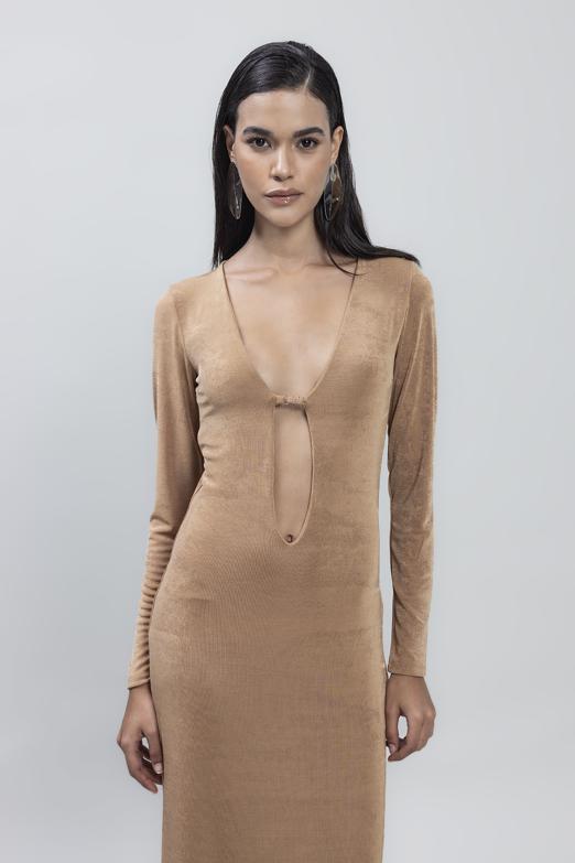 Bayan Bej Derin Yaka Dekolteli Maksi Elbise - BSL