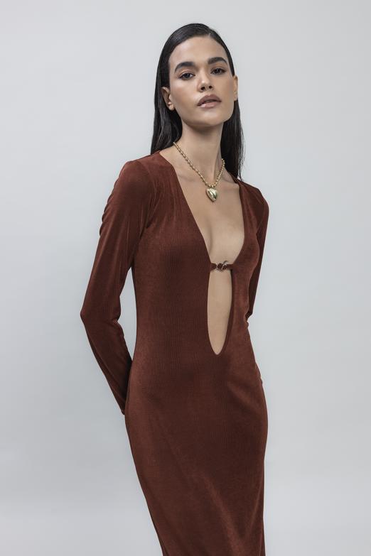 Bayan Tarçın Derin Yaka Dekolteli Maksi Elbise - BSL