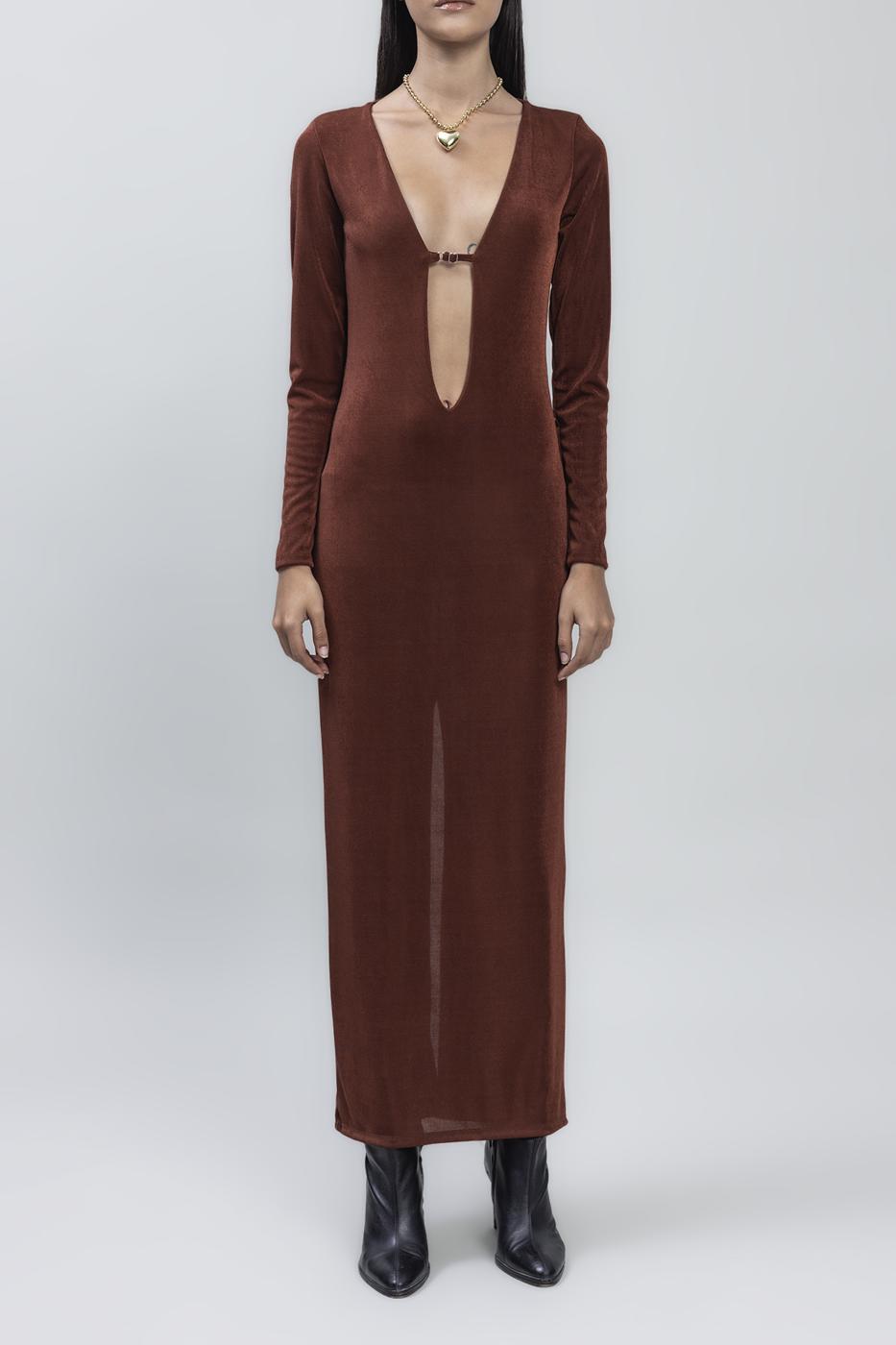 Bayan Tarçın Derin Yaka Dekolteli Maksi Elbise