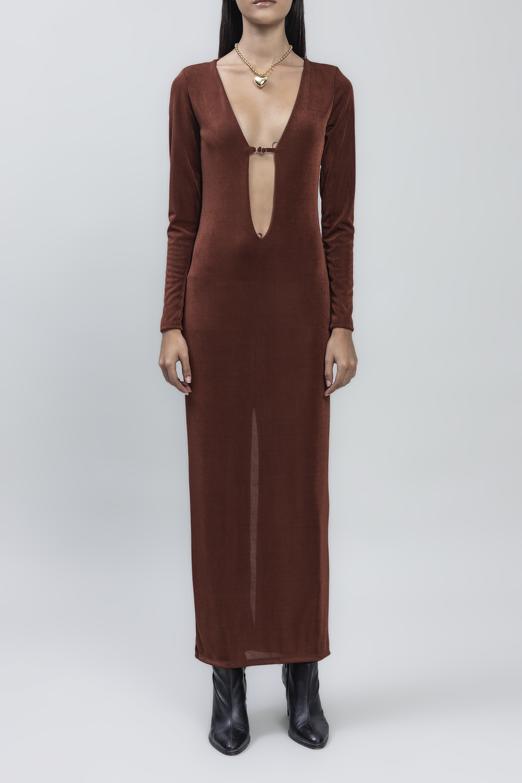 Bayan Tarçın Derin Yaka Dekolteli Maksi Elbise - BSL