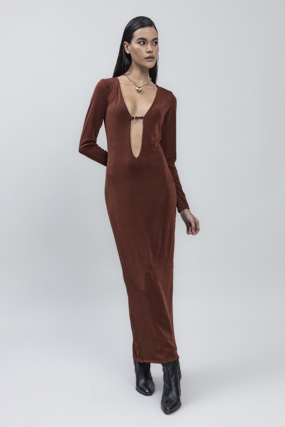 Bayan Tarçın Derin Yaka Dekolteli Maksi Elbise