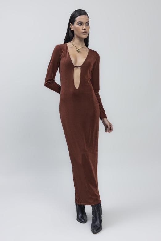 Bayan Tarçın Derin Yaka Dekolteli Maksi Elbise - BSL