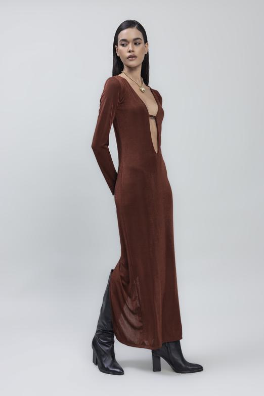 Bayan Tarçın Derin Yaka Dekolteli Maksi Elbise - BSL