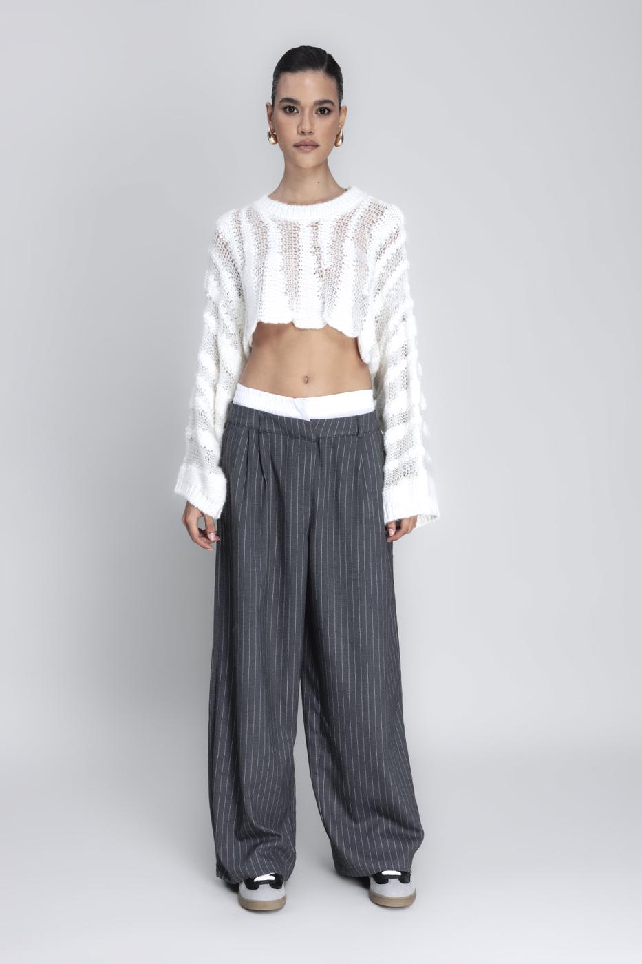 Bayan Gri Kontrast Bel Bantlı Palazzo Pantolon