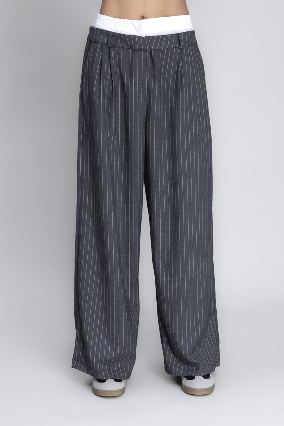 Bayan Gri Kontrast Bel Bantlı Palazzo Pantolon
