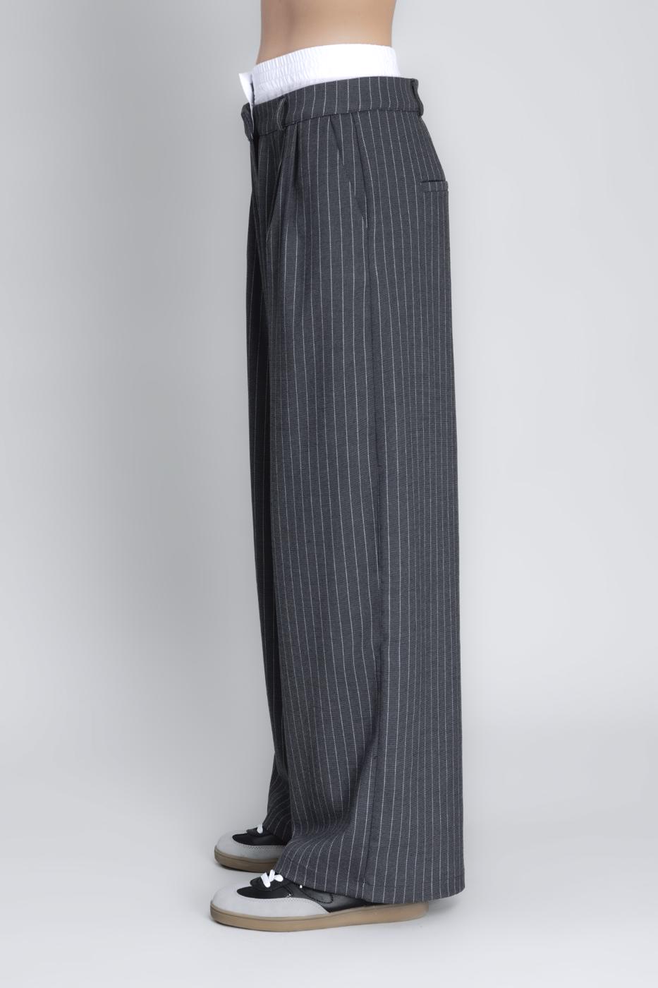 Bayan Gri Kontrast Bel Bantlı Palazzo Pantolon