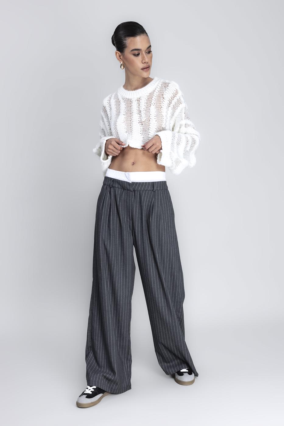 Bayan Gri Kontrast Bel Bantlı Palazzo Pantolon