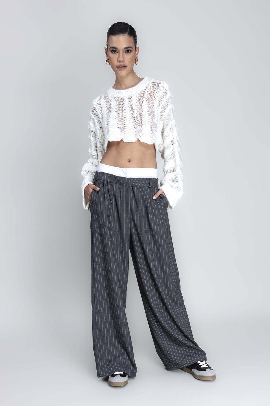 Bayan Gri Kontrast Bel Bantlı Palazzo Pantolon