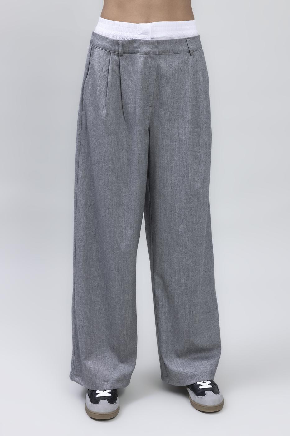 Bayan Gri Kontrast Bel Bantlı Palazzo Pantolon