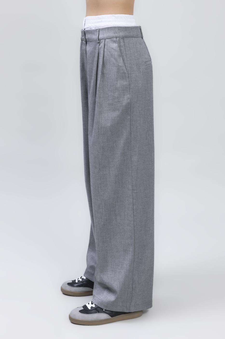 Bayan Gri Kontrast Bel Bantlı Palazzo Pantolon