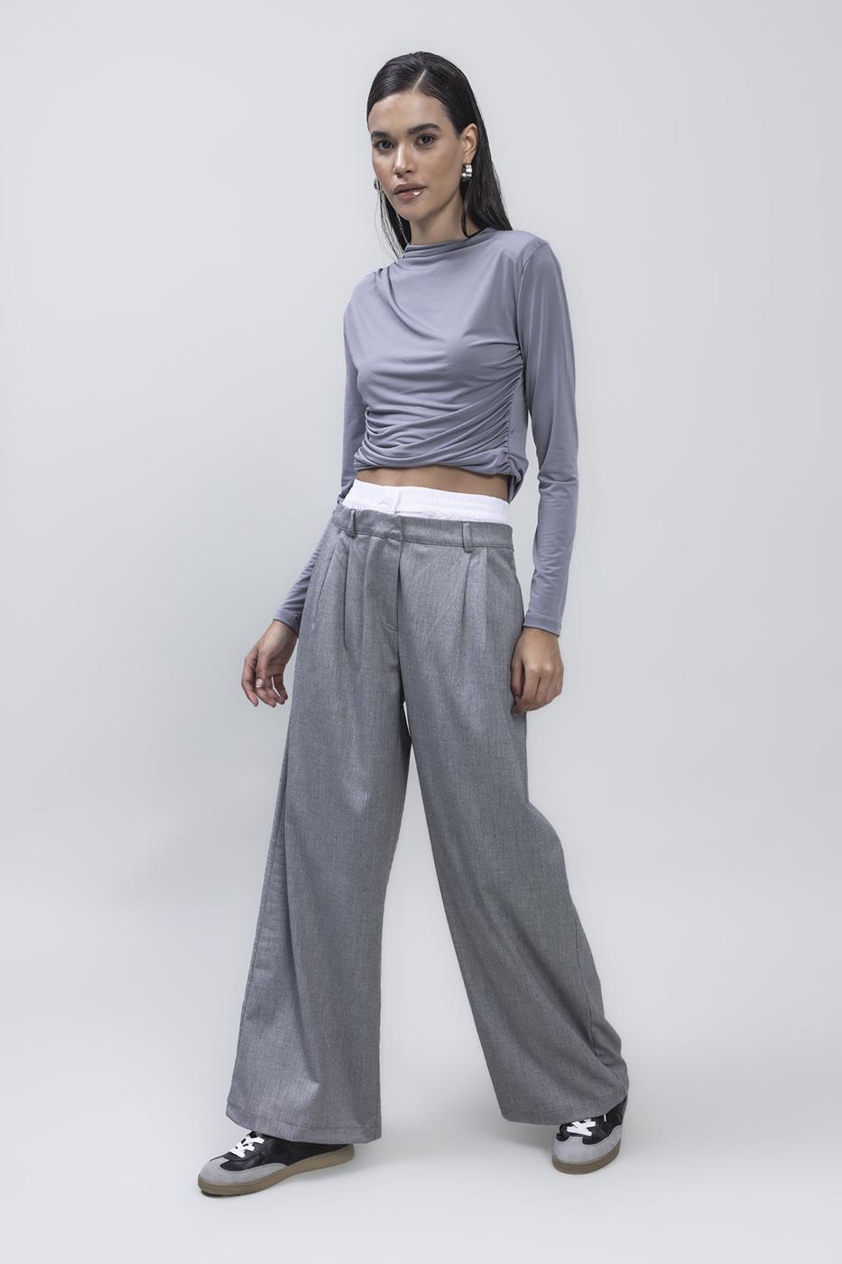 Bayan Gri Kontrast Bel Bantlı Palazzo Pantolon