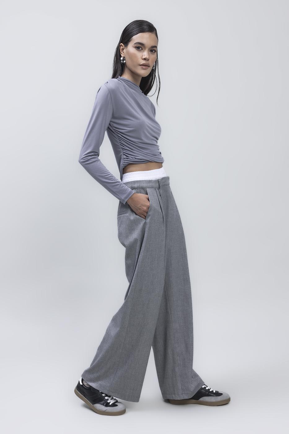 Bayan Gri Kontrast Bel Bantlı Palazzo Pantolon