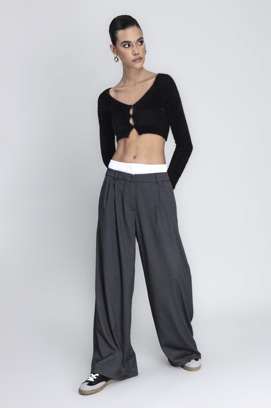 Bayan Gri Kontrast Bel Bantlı Palazzo Pantolon