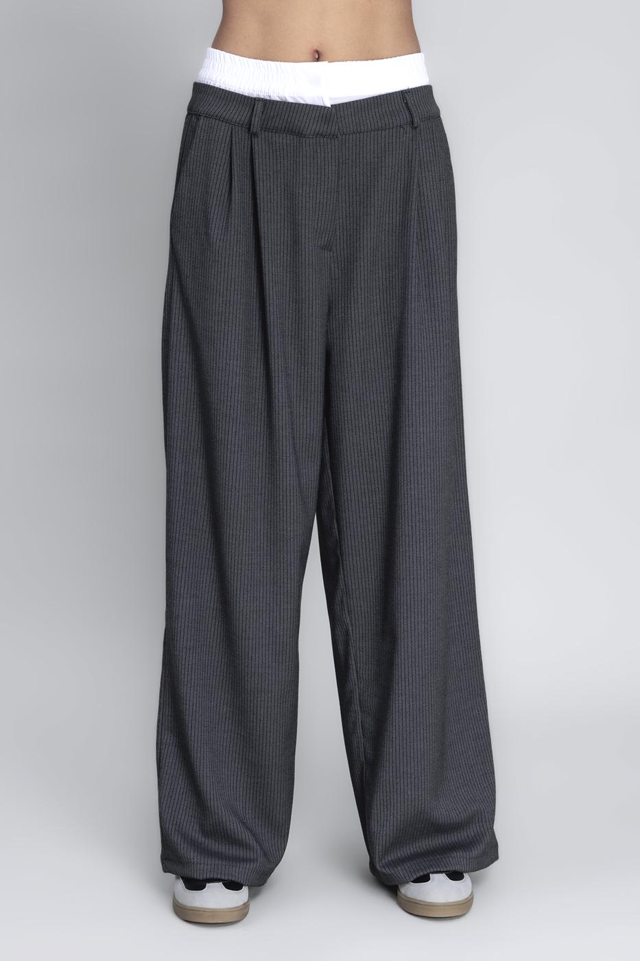 Bayan Gri Kontrast Bel Bantlı Palazzo Pantolon