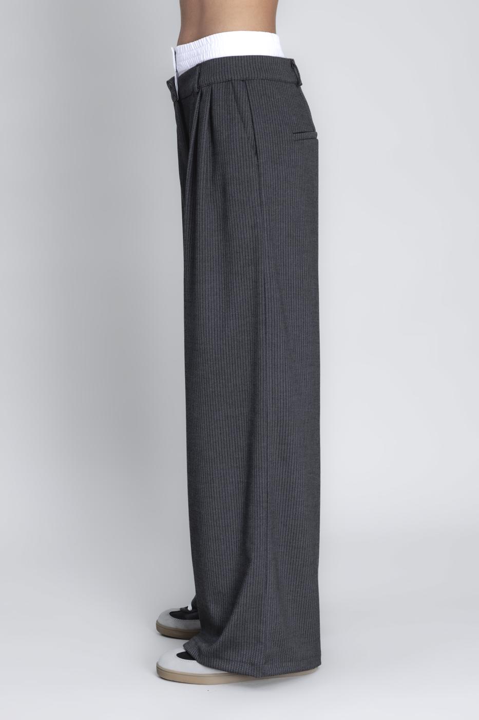 Bayan Gri Kontrast Bel Bantlı Palazzo Pantolon