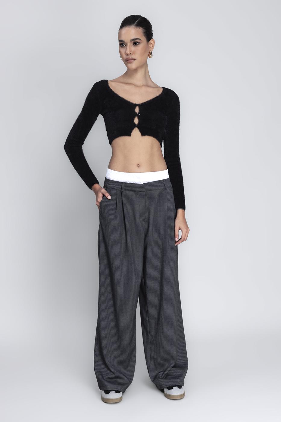 Bayan Gri Kontrast Bel Bantlı Palazzo Pantolon
