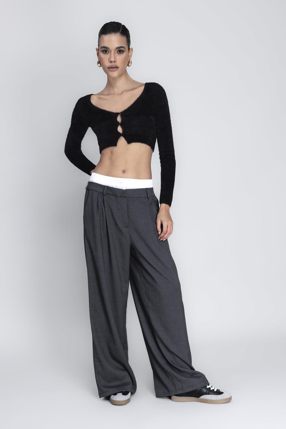 Bayan Gri Kontrast Bel Bantlı Palazzo Pantolon