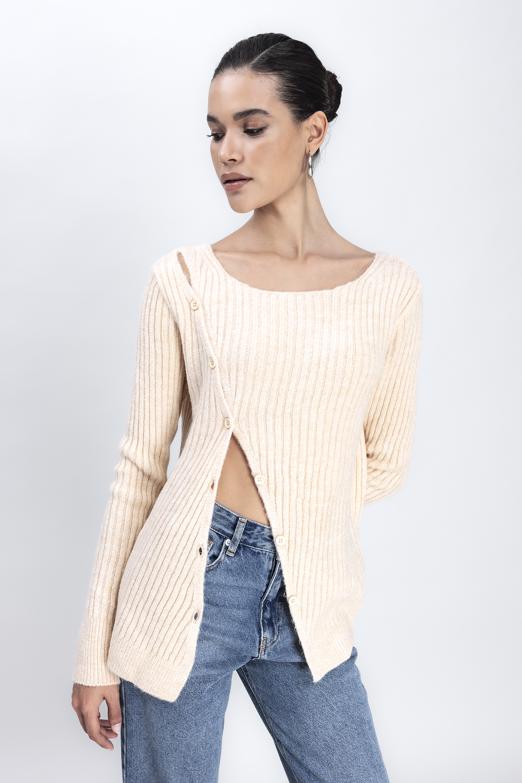 Bayan Bej Düğme Detaylı Triko - BSL