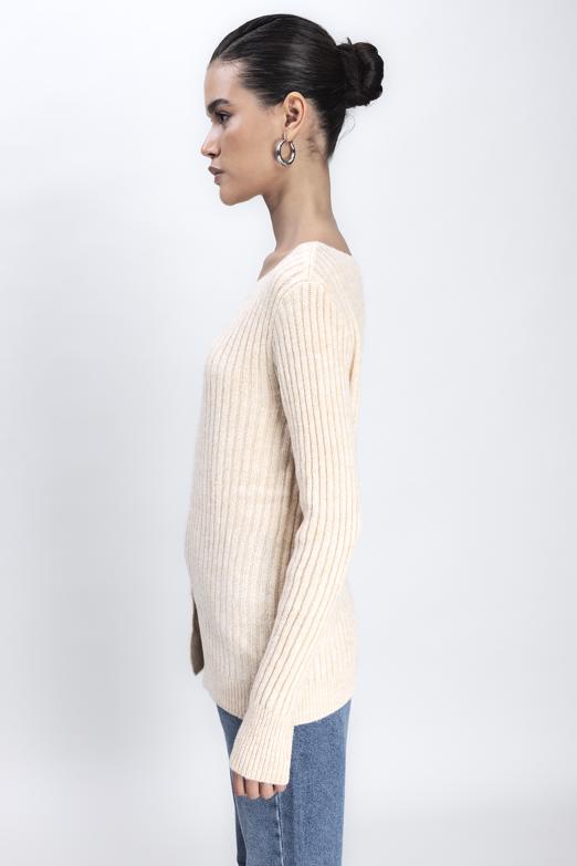 Bayan Bej Düğme Detaylı Triko - BSL