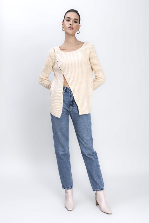 Bayan Bej Düğme Detaylı Triko - BSL