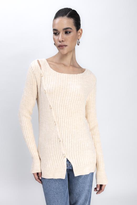 Bayan Bej Düğme Detaylı Triko - BSL