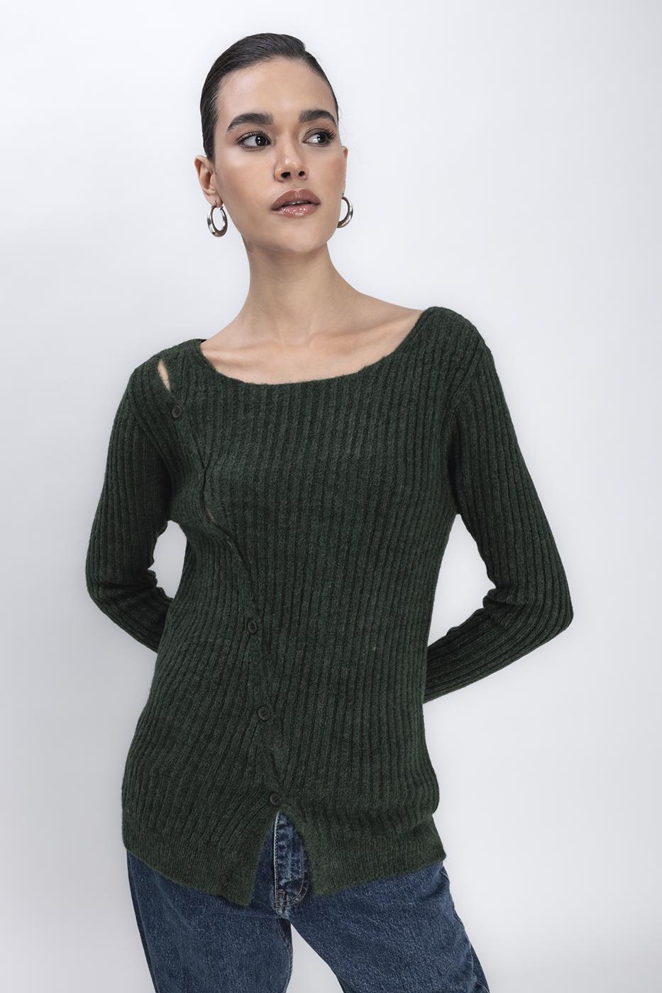 Bayan Haki Düğme Detaylı Triko