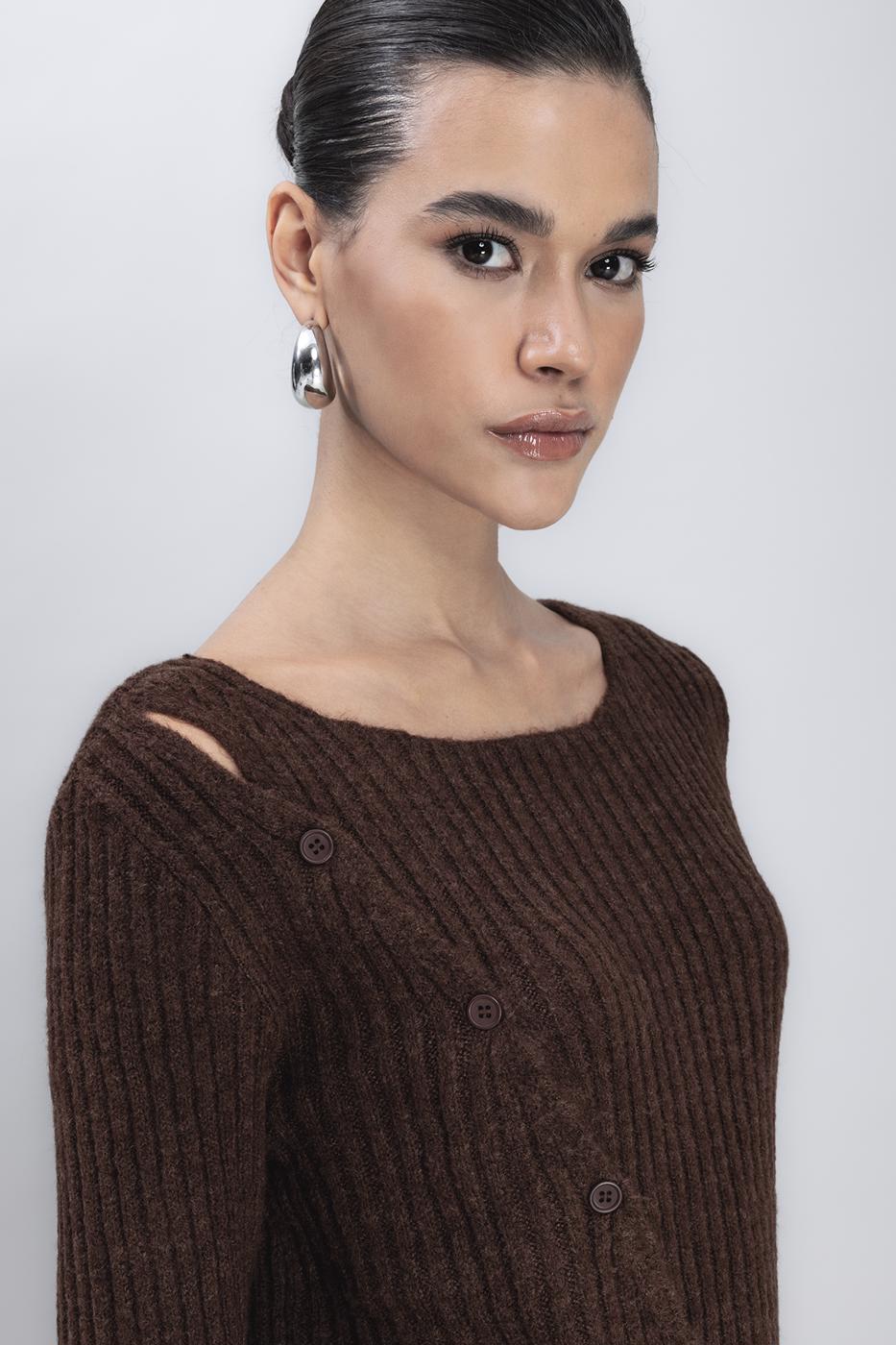 Bayan Kahverengi Düğme Detaylı Triko