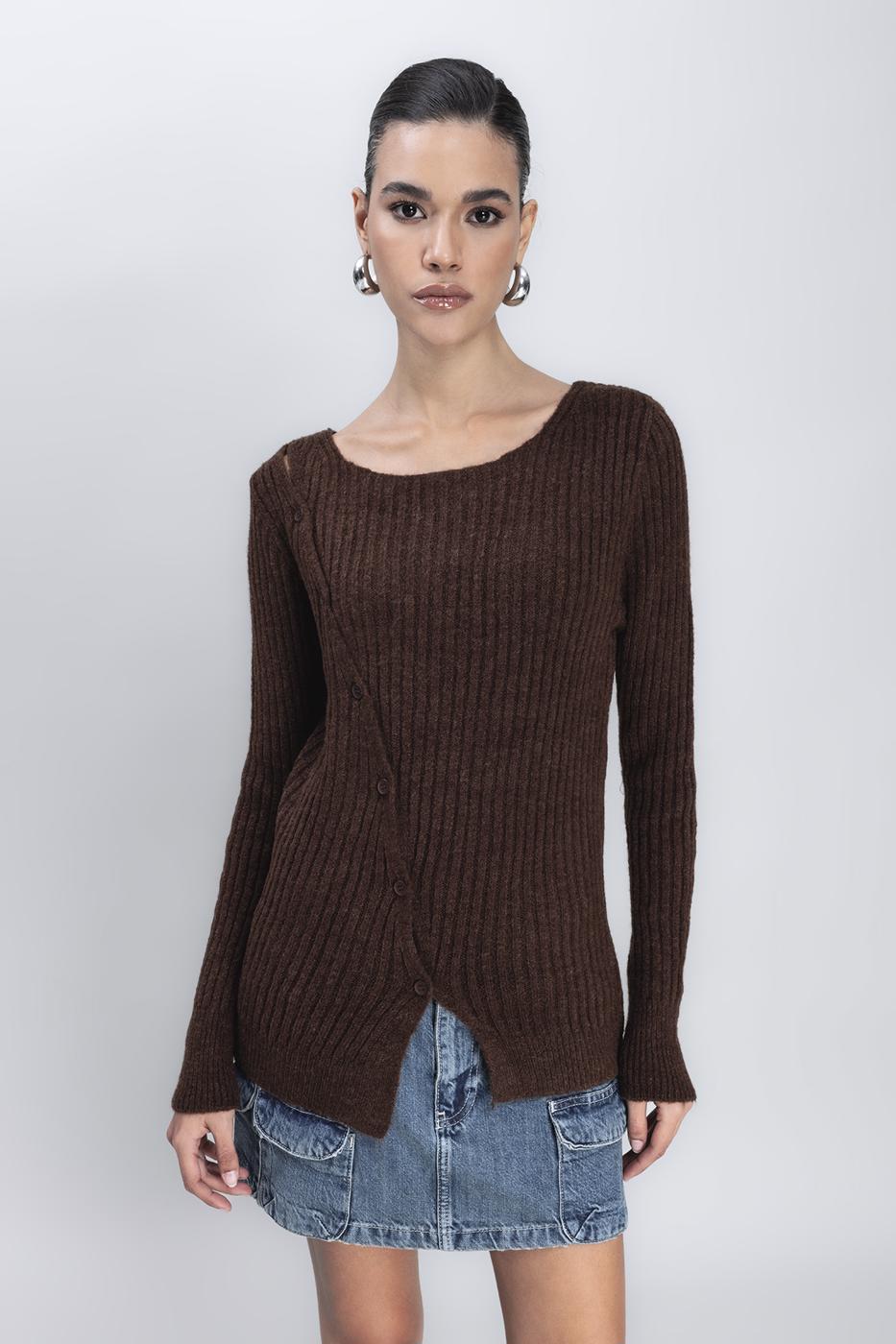 Bayan Kahverengi Düğme Detaylı Triko